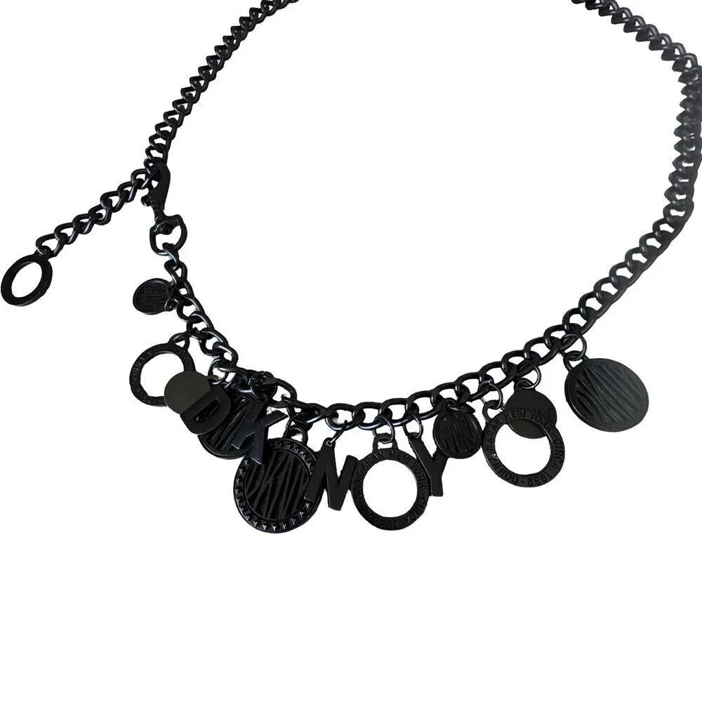 DKNY vintage Subway Token Logo Black Metal Chain Charm Belt 42